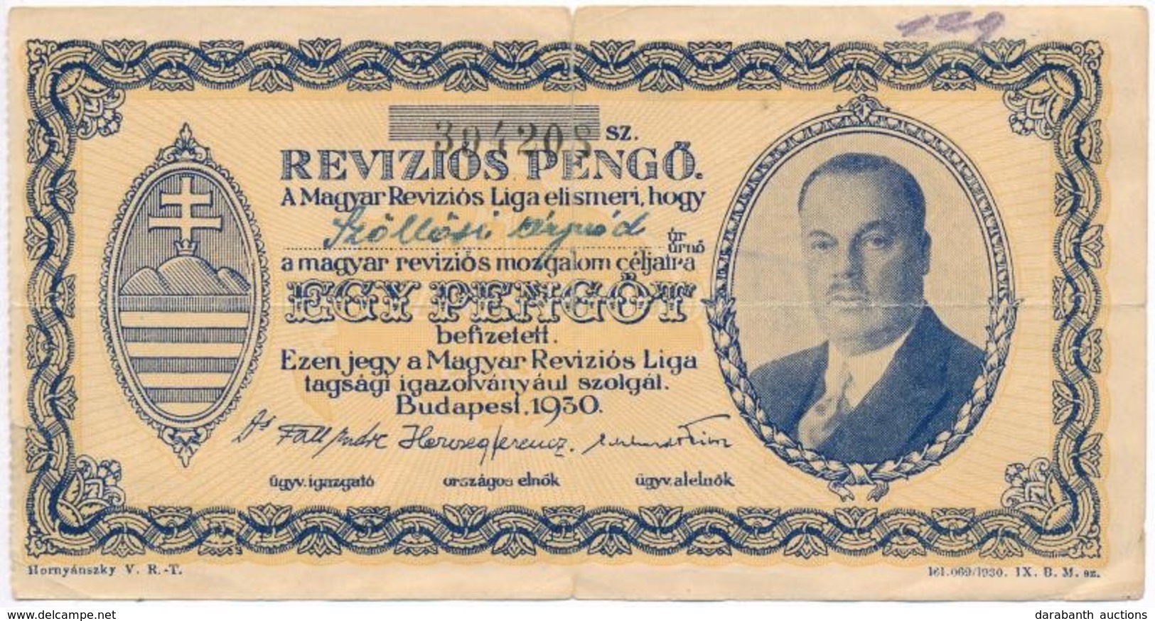 Budapest 1930. 'Revíziós Pengő' Arcképes Változat, Kitöltött, Hátoldalán Felülbélyegzés T:III-,IV - Unclassified