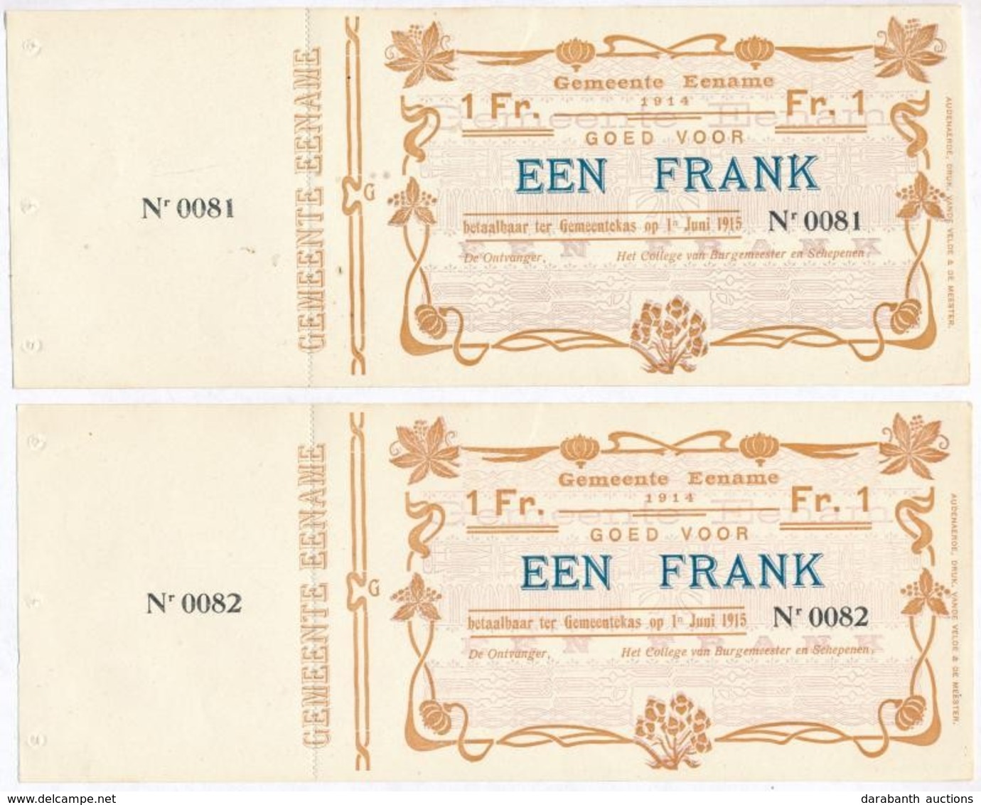 Belgium 1914. 1Fr 'Gemeente Eename' (2x) Sorszámkövetők, Felhasználatlanok, Ellenőrző ívvel T:1
Belgium 1914. 1 Franc 'G - Sin Clasificación