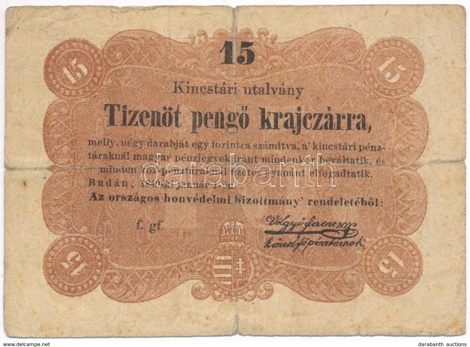 1849. 15kr 'Kossuth Bankó' Vessző A 'Budán' Után T:III- Ly. - Sin Clasificación