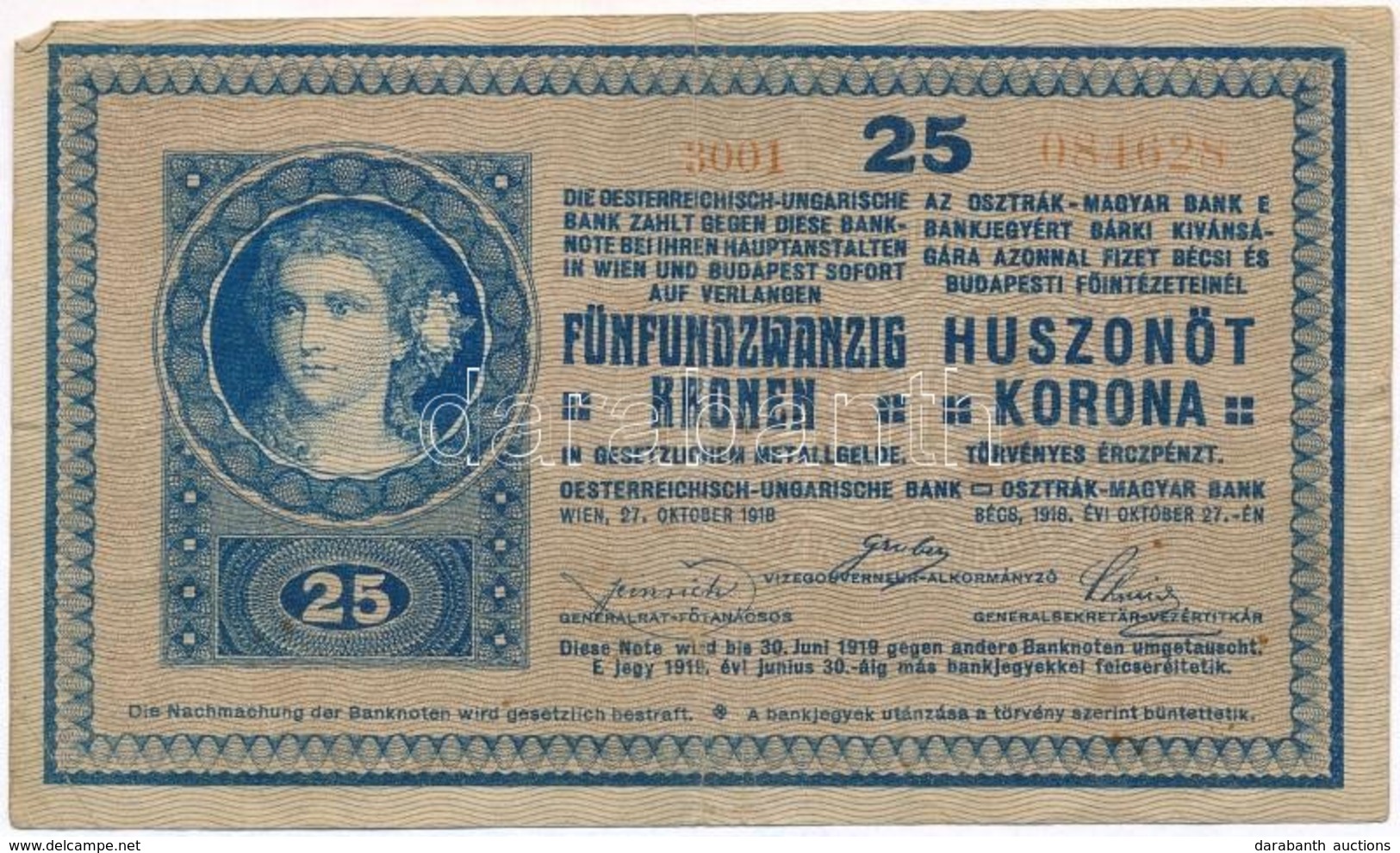 1918. 25K '3001' Eltérő Méretű Sorozat- és Sorszám, Sima Hátlappal T:III - Ohne Zuordnung