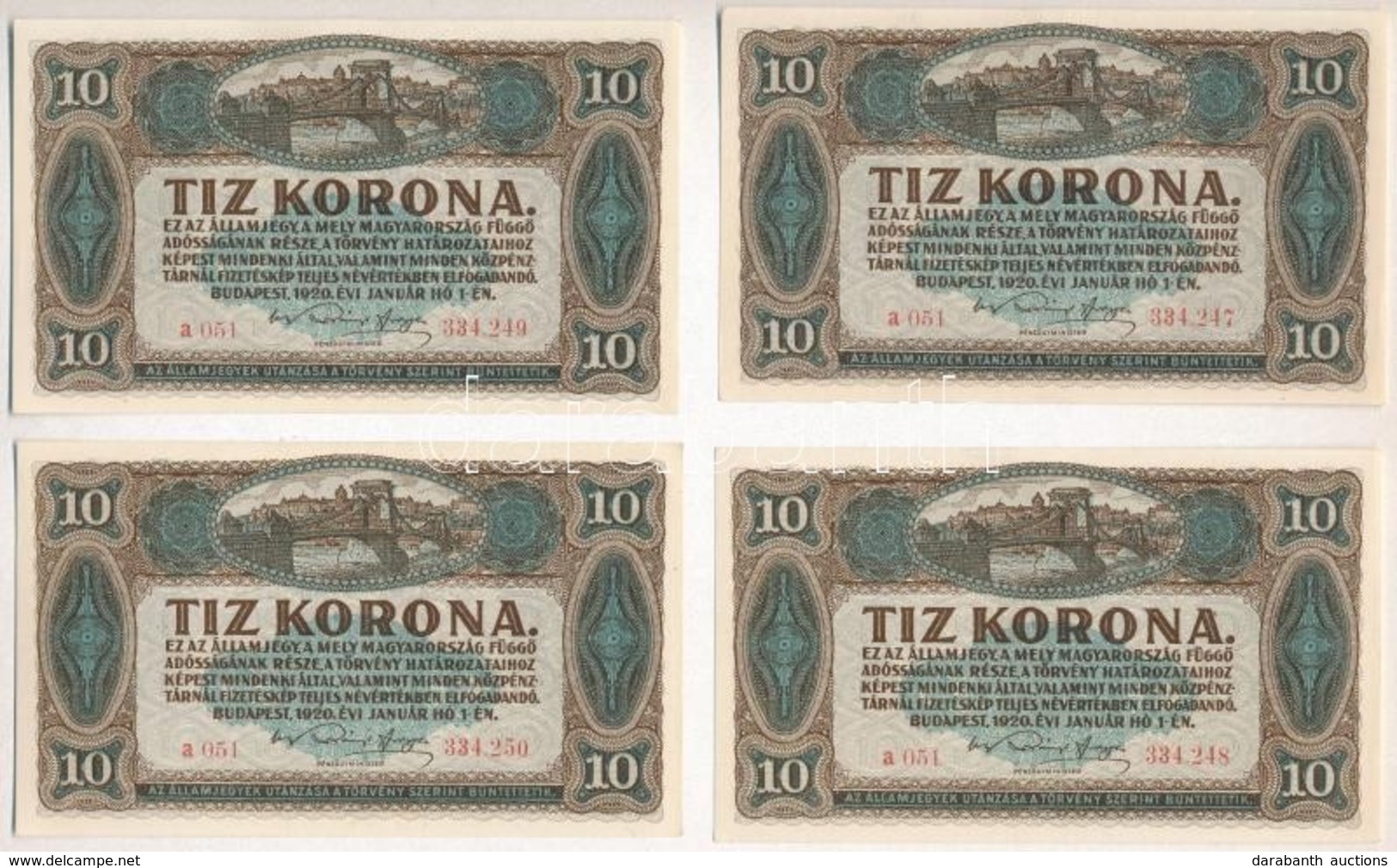 1920. 10K (4x) Sorszámkövetők T:I,I- - Sin Clasificación