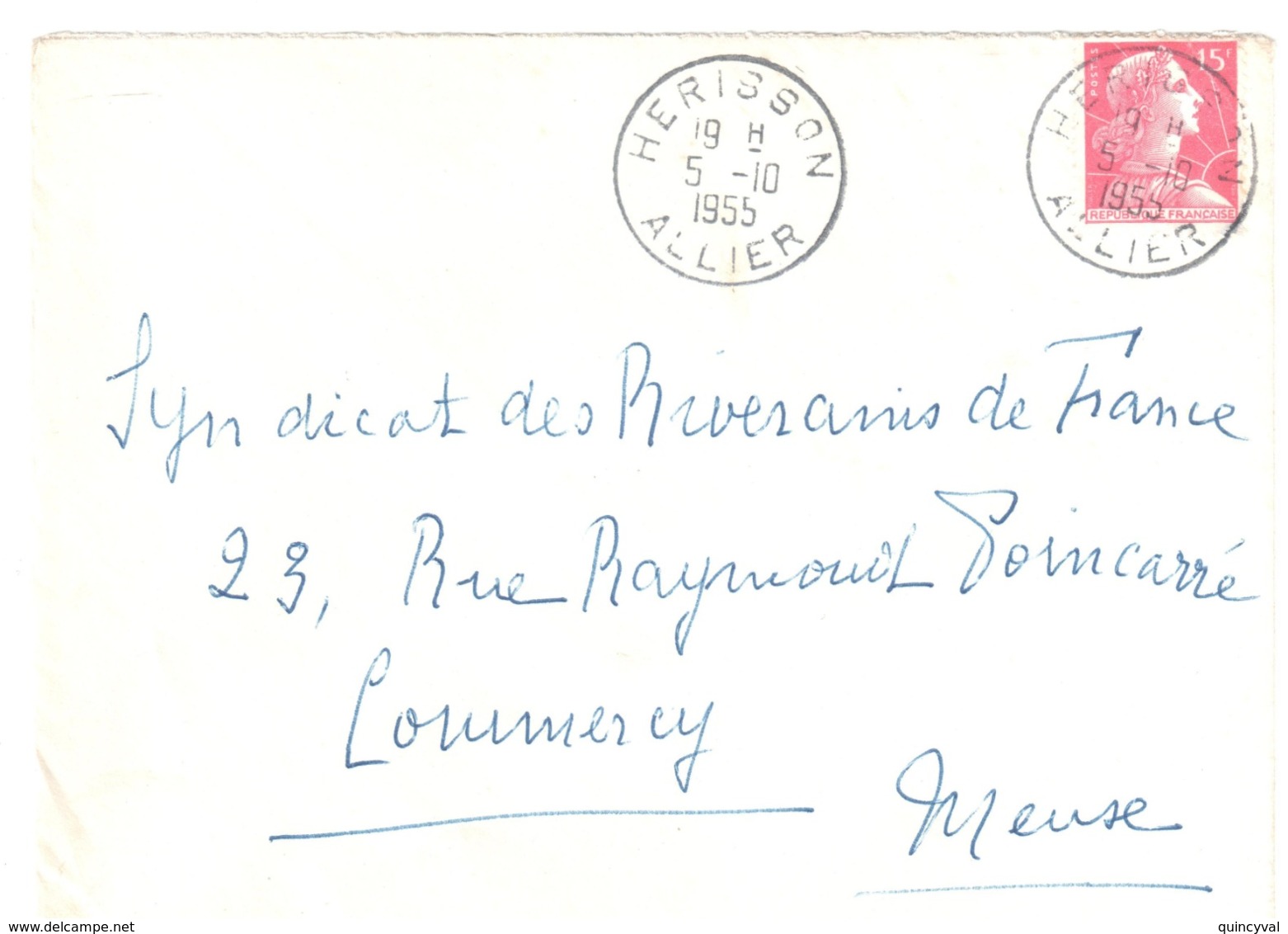 HERISSON Allier Lettre 15 F Muller Yv 1011 Ob 5 10 1955 Dest Commercy Meuse - Covers & Documents