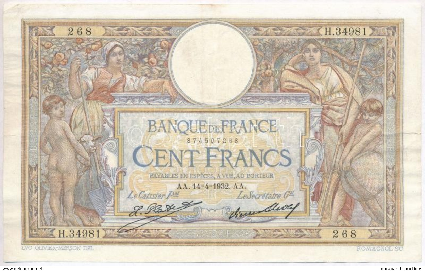 Franciaország 1932. 100Fr T:III Tűlyukak 
France 1932. 100 Francs C:F Needle Holes Krause 78.b - Ohne Zuordnung