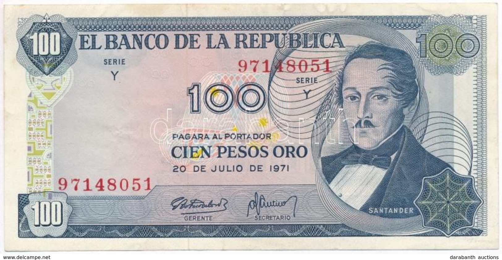 Kolumbia 1971. 100P T:III 
Colombia 1971. 100 Pesos C:F - Unclassified