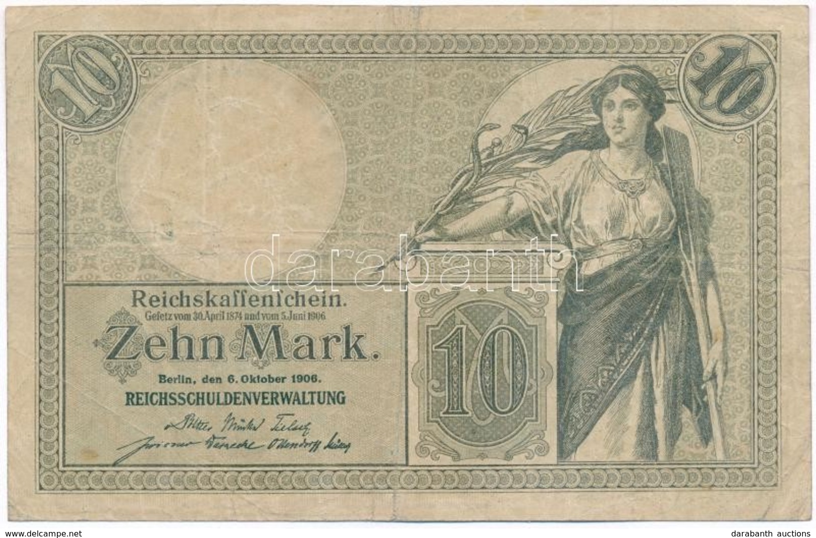 Német Birodalom 1906. 10M Hét Számjegyű Sorszám T:III German Empire 1906. 10 Mark Seven Digit Serial C:F - Unclassified