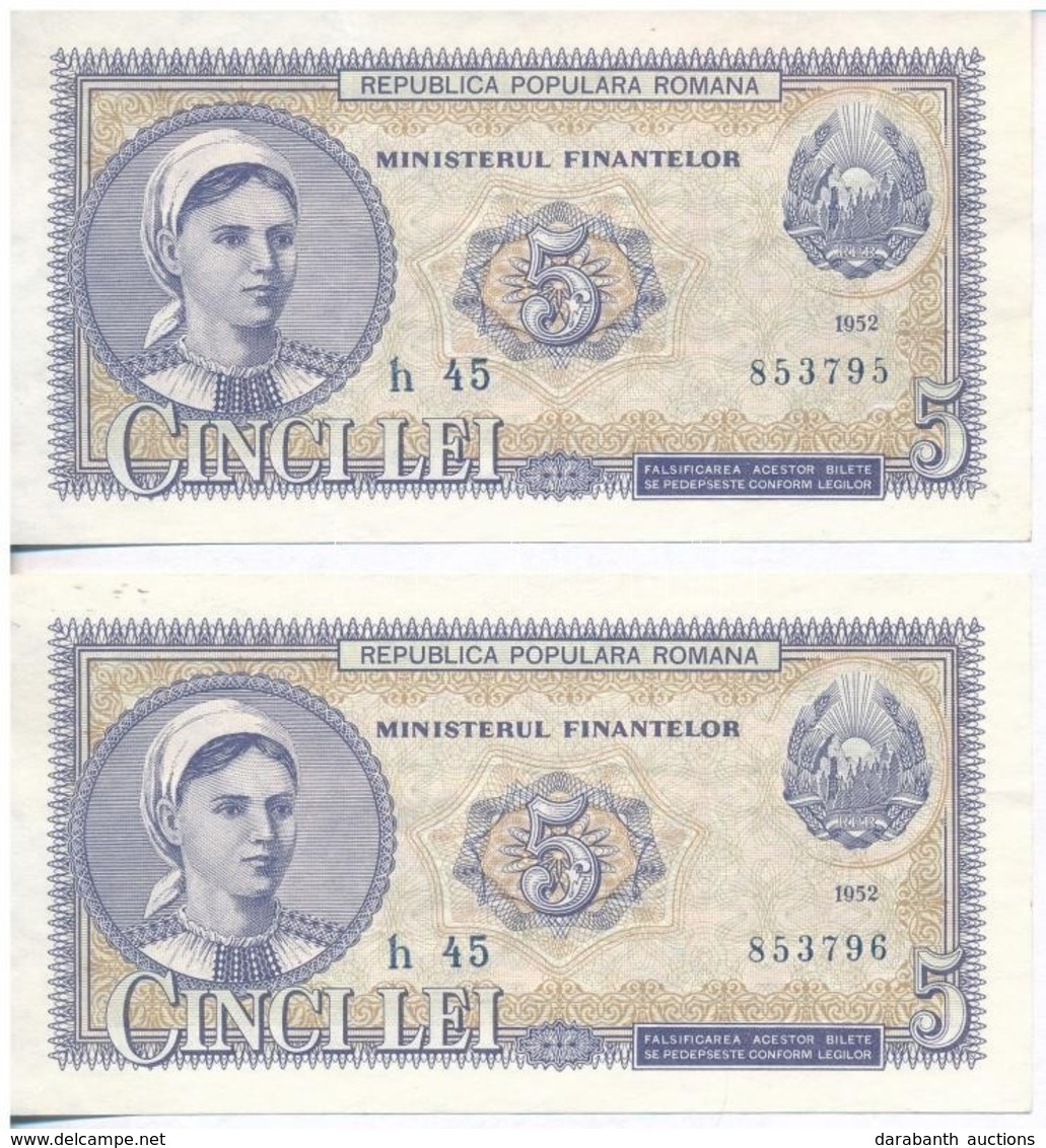 Románia 1952. 5L (2x) Sorszámkövetők T:III 
Romania 1952. 5 Lei (2x) Sequential Serials C:F
Krause KM#83 - Sin Clasificación