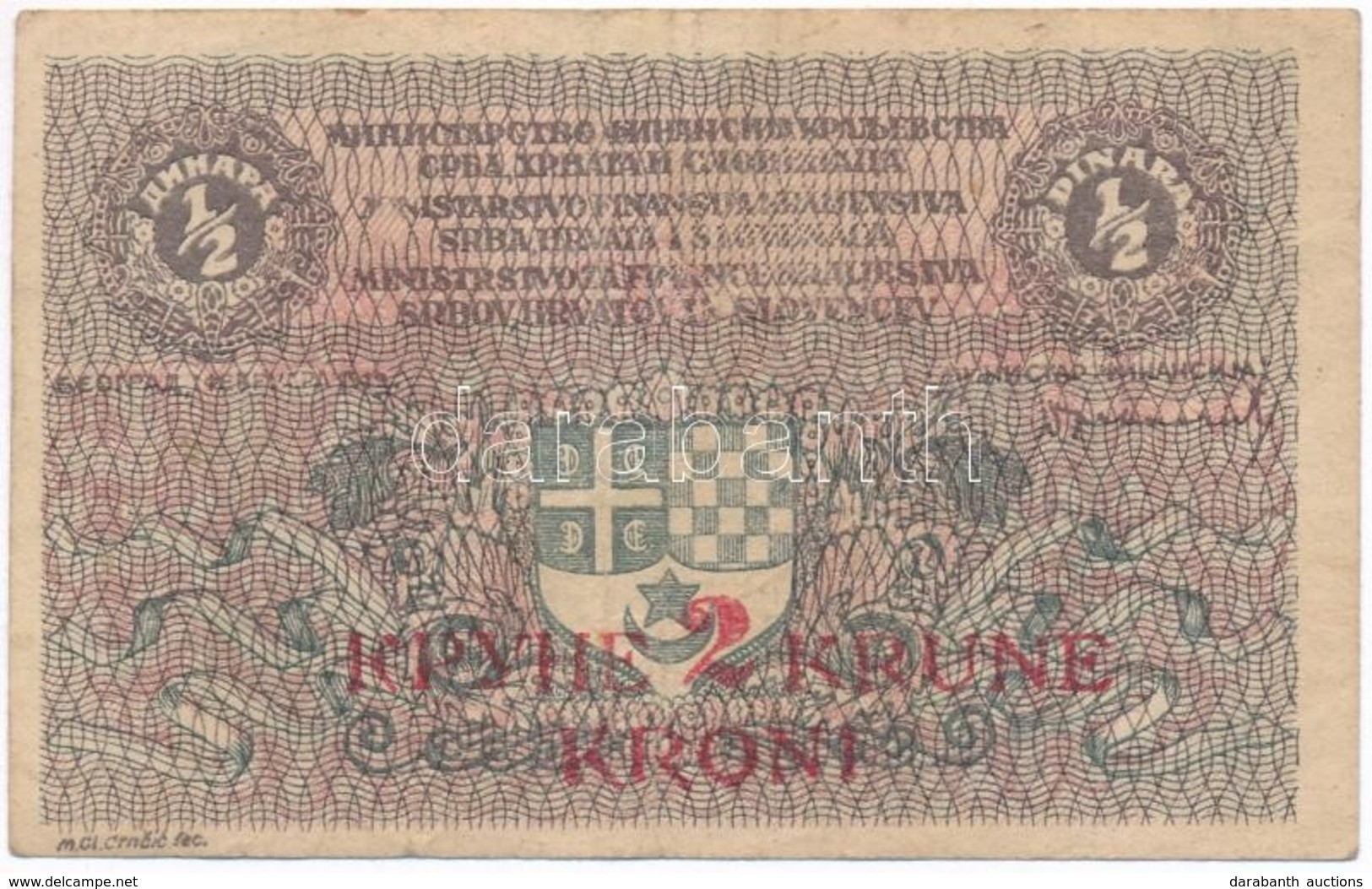 Szerb-Horvát-Szlovén Királyság 1919. 1/2D 2K-ás Piros, 'KPYHE 2 KRUNE KRONI' Felülbélyegzéssel T:III
Kingdom Of The Serb - Unclassified