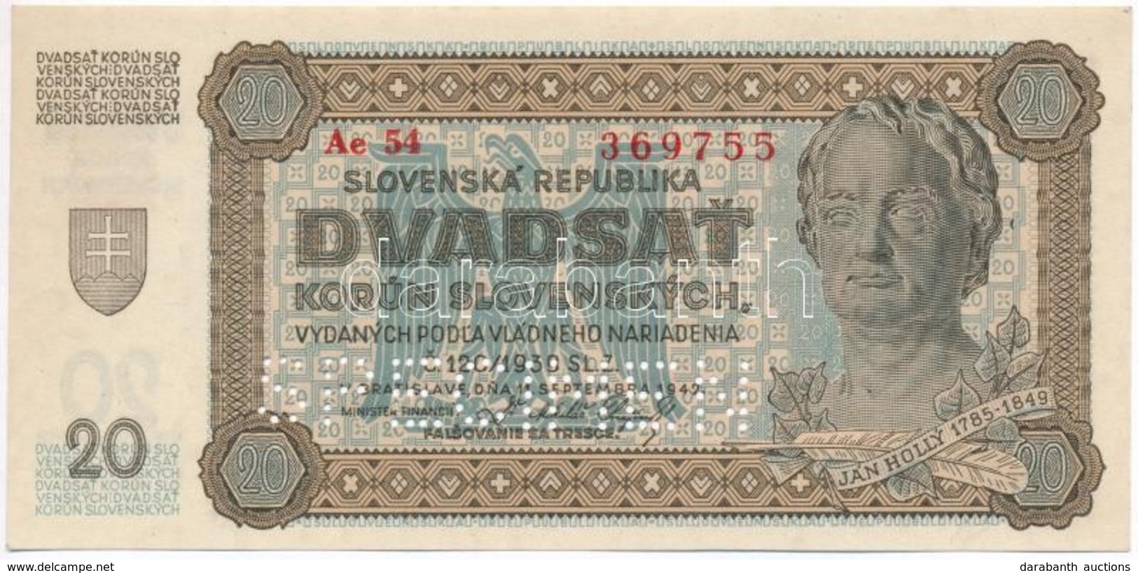 Szlovákia 1939. 20K 'SPECIMEN (MINTA)' Perforációval T:I
Slovakia 1939. 20 Korun With 'SPECIMEN' Perforation C:UNC - Unclassified
