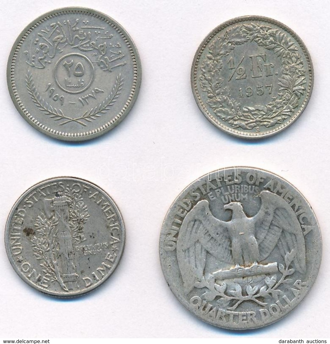 Vegyes 4db-os Külföldi Ezüstpénz Tétel, Közte Amerikai Egyesült Államok 1945. 1d Ag 'Mercury', Irak 1959. 25f Ag T:2-3
4 - Unclassified