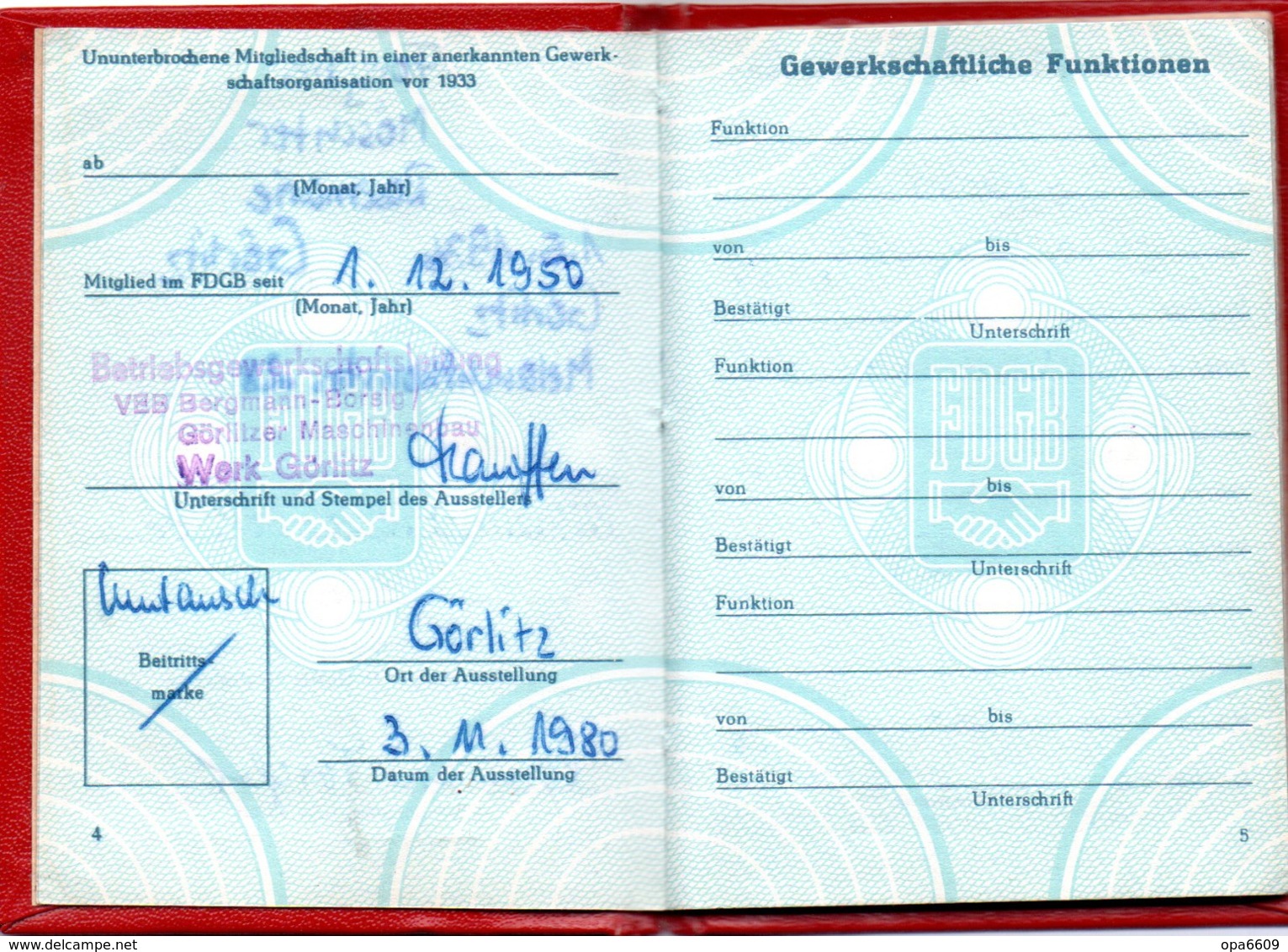(Kart-ZD) DDR MITGLIEDSBUCH "FDGB - Freier Deutscher Gewerkschaftsbund" Ausgest. Görlitz 3.11.1980 Bis 1990 - Historische Dokumente