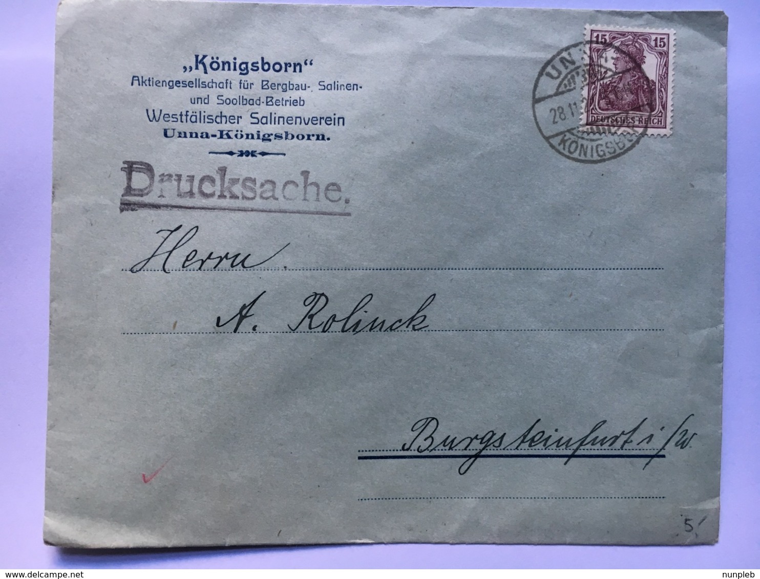 GERMANY 1921 Cover Unna Konigsborn To Burgsteinfurt - Lettres & Documents