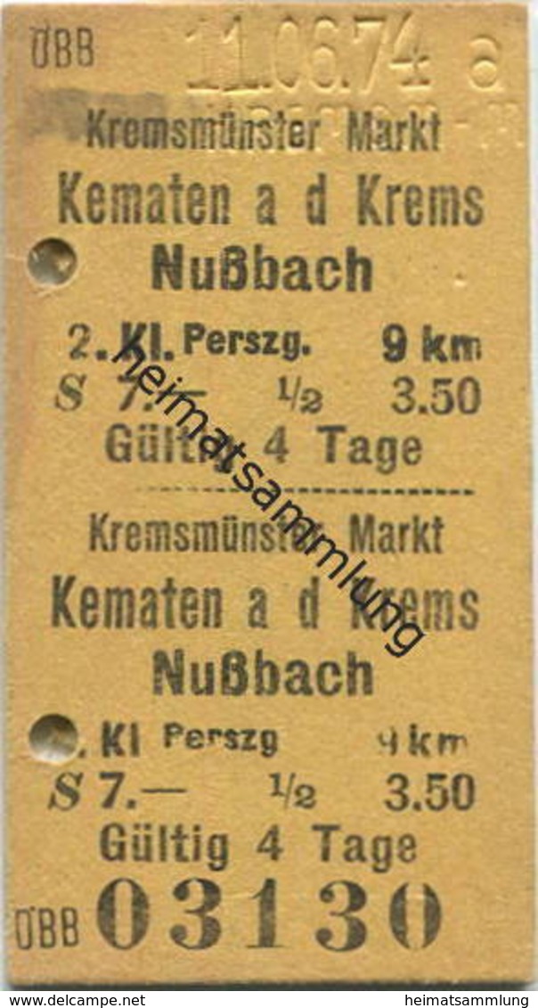 Österreich - ÖBB Kremsmünster Markt Kematen A. D. Krems Nußbach - Fahrkarte 2. Kl. Personenzug S7.00 1974 - Europe