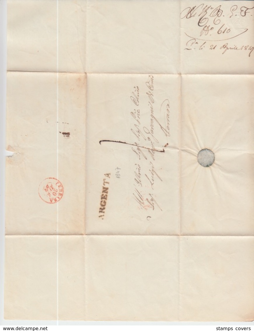 LAC Du 21/04/1847 ARGENTA FERRARA GRIFFE Et CACHET D'ARRIVEE - ...-1850 Préphilatélie