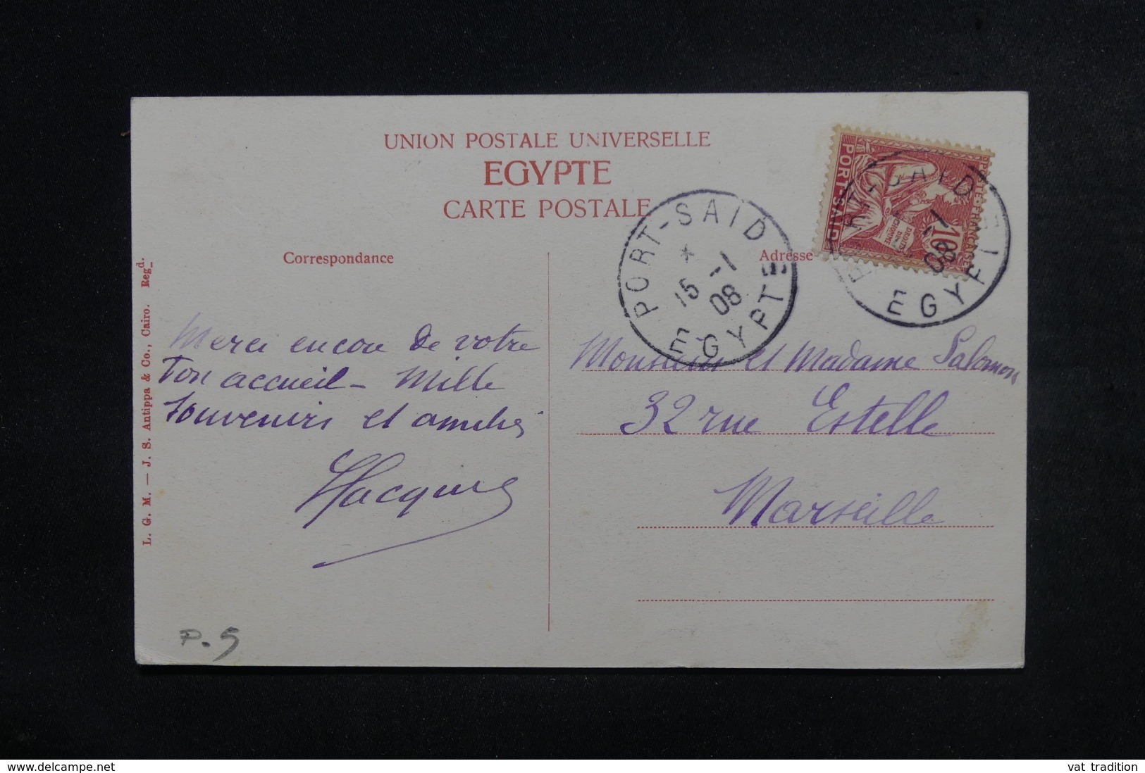 PORT SAÏD - Affranchissement Type Mouchon De Port Saïd Sur Carte Postale Pour Marseille En 1908 - L 46814 - Brieven En Documenten