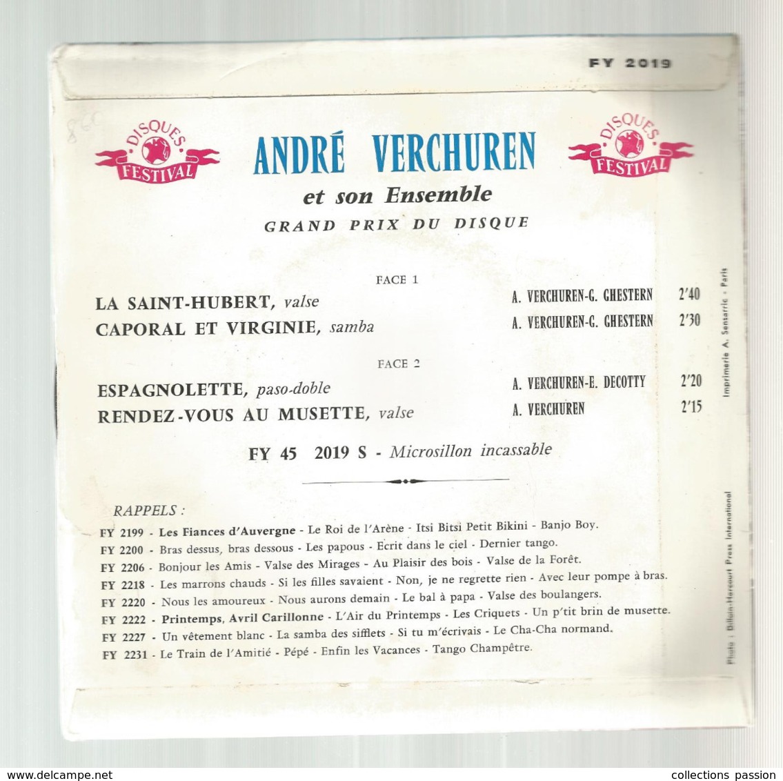 JC , 45 T ,vinyl , ANDRE VERCHUREN , LA SAINT HUBERT ,chasse à Courre, 2 Scans,  Frais Fr 3.50 E - Andere & Zonder Classificatie