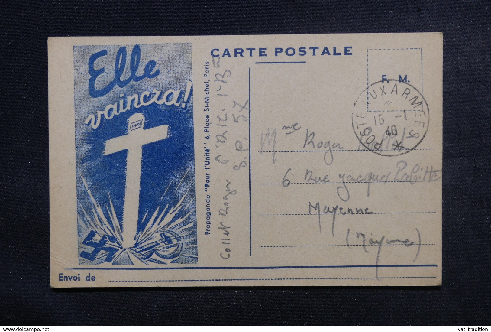 FRANCE - Carte FM  ( Pour L 'Unité - Elle Vaincra ) Du SP 57 Pour Mayenne En 1940 - L 46816 - Guerre De 1939-45