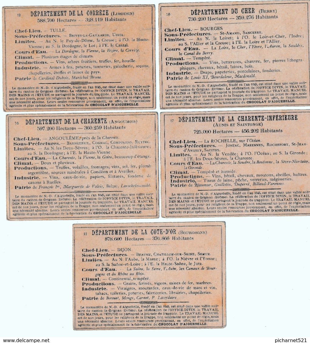 5 Images-chromos " Chocolat D' Aiguebelle" - Thème "Les Départements Français". Bon état. 10 Scan Recto/verso. - Aiguebelle