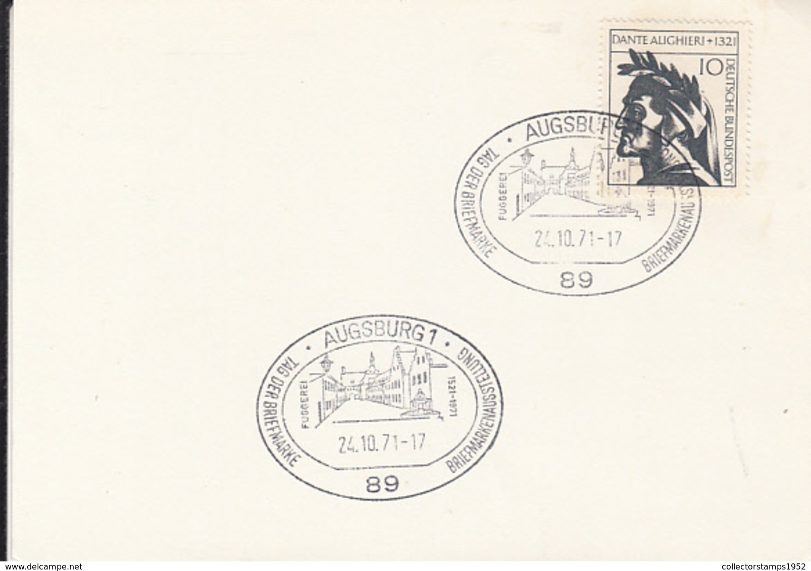 83671- AUGSBURG PHILATELIC EXHIBITION SPECIAL POSTMARK ON THICK PAPER, DANTE ALIGHIERI STAMP, 1971, WEST GERMANY - Covers & Documents
