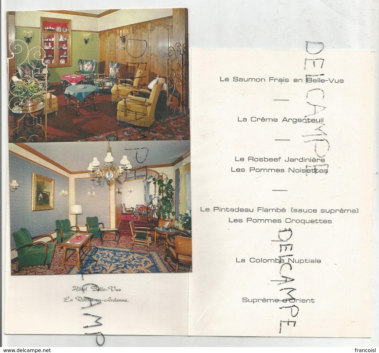 Menu De Mariage De Francine Et Carlos Le 28 Février 1972. Dorée. Carte Postale: L'hôtel Belle-Vue à La Roche-en-Ardenne - Menus