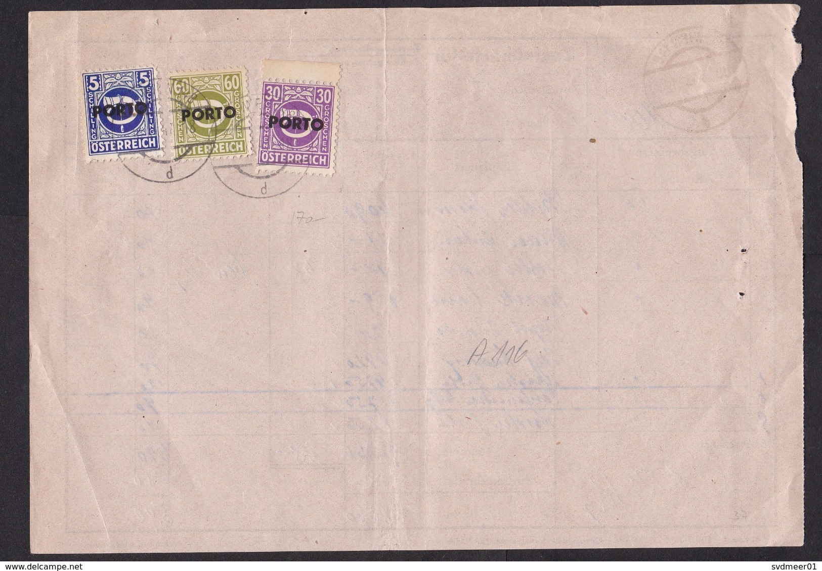 Austria: Offical Postal Payment Form, 1947, 3 Postage Due Overprint Stamps, Zustellkarte, Rare (minor Damage) - Storia Postale