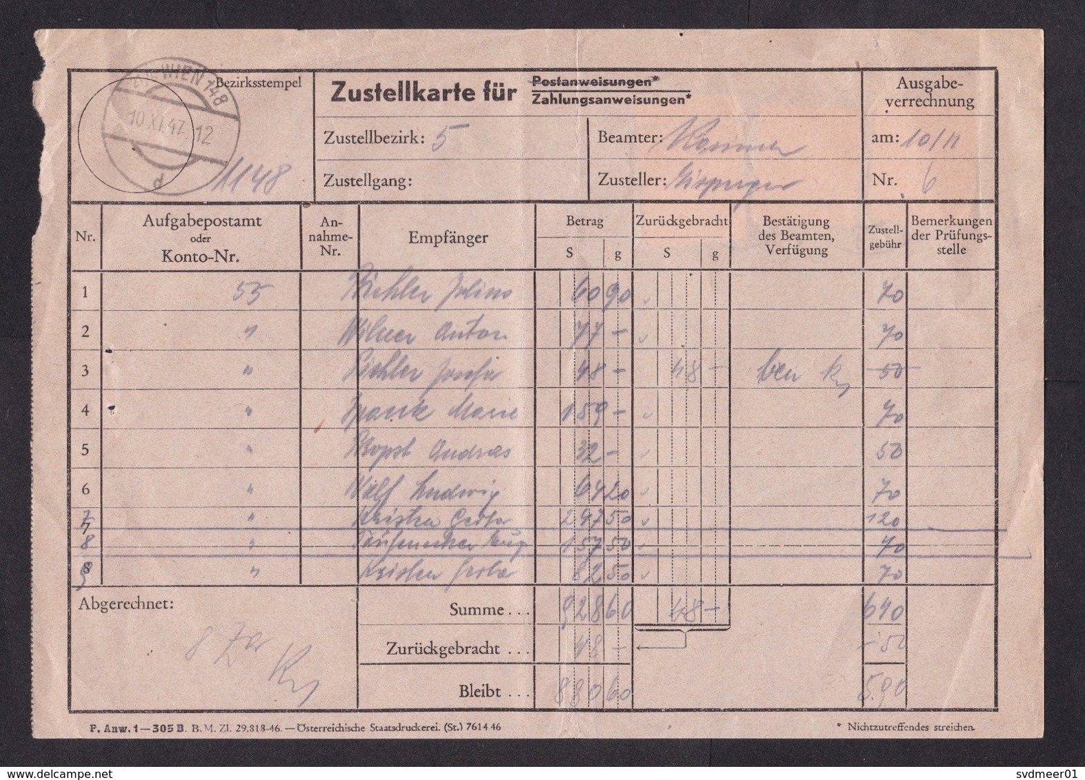 Austria: Offical Postal Payment Form, 1947, 3 Postage Due Overprint Stamps, Zustellkarte, Rare (minor Damage) - Storia Postale