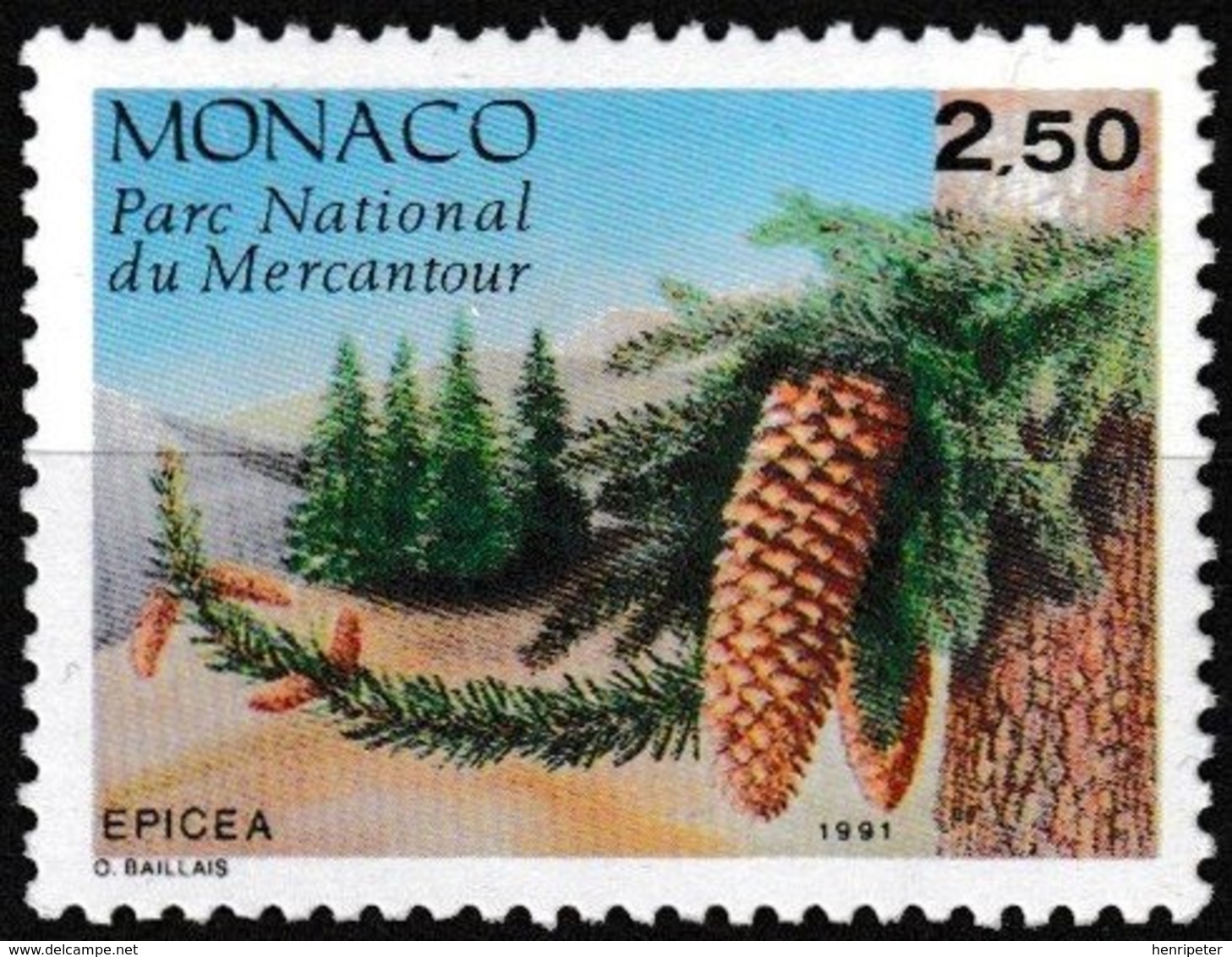 Timbre-poste Gommé Neuf** - Conifères Du Parc Du Mercantour Picea Excelsa Link - N° 1799 (Yvert) - Monaco 1991 - Neufs