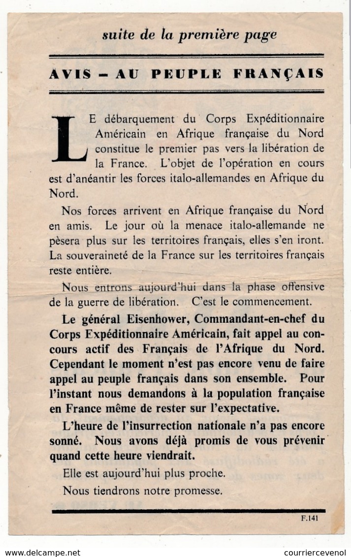 USA - FRANCE - Tract Américain Largué Par Avion - Avis Au Peuple Français - Documents Historiques