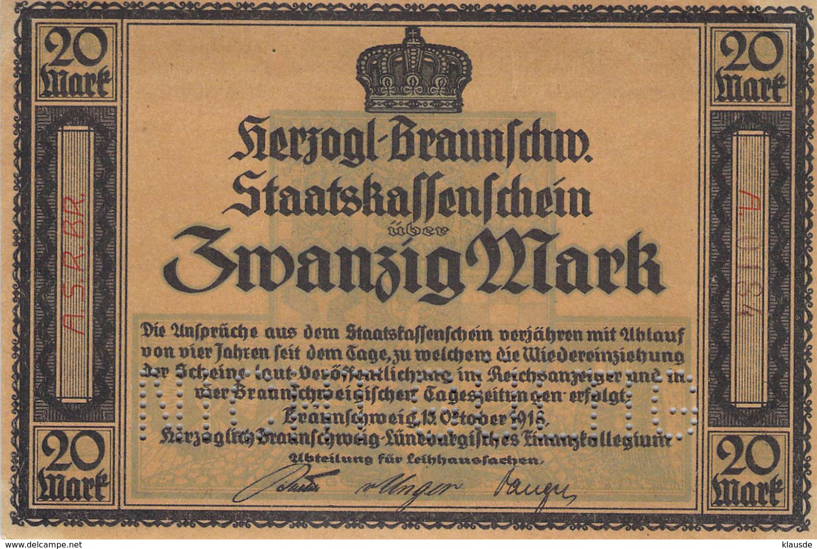 20 Mark Stad Braunschweig UNC - Lokale Ausgaben