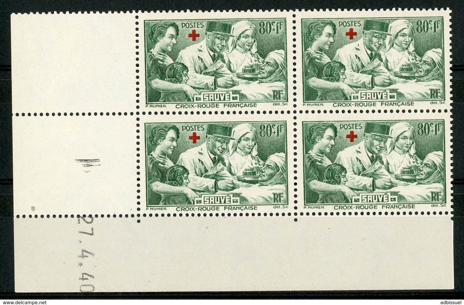 N° 459 ** (MNH) Cote 60 €. Coin Daté Du 27/4/40. Bloc De Quatre "Croix Rouge, Au Profit Des Blessés". - 1940-1949