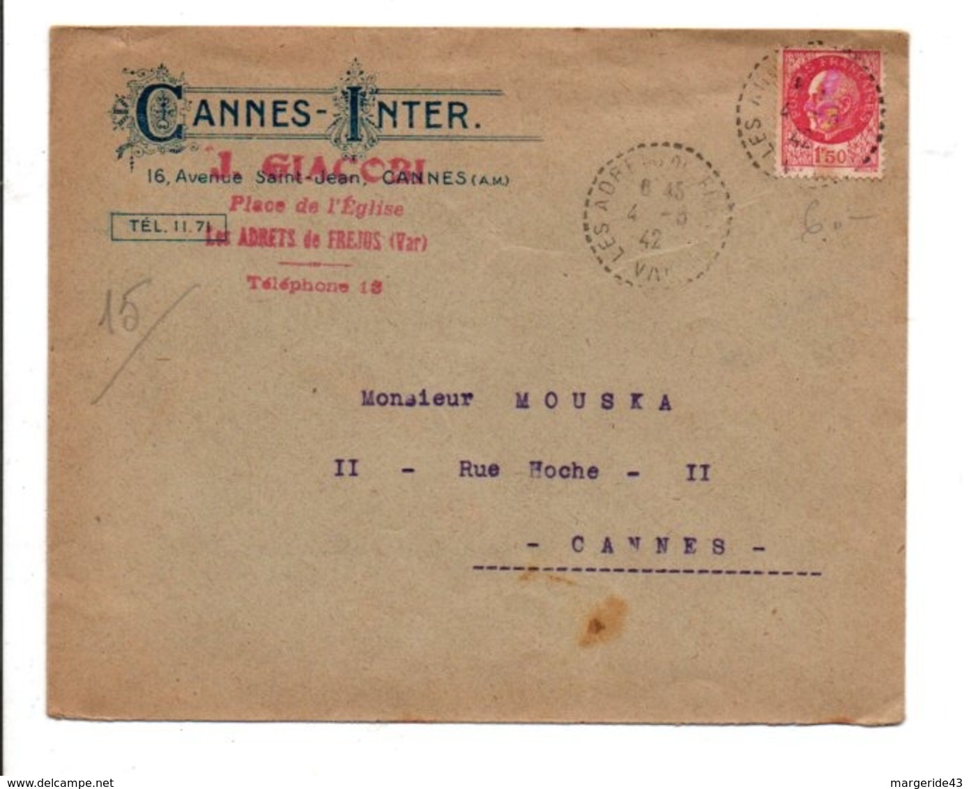 PETAIN SUR LETTRE A EN TETE DE LES ADRETS DU VAR 1942 - 1921-1960: Période Moderne