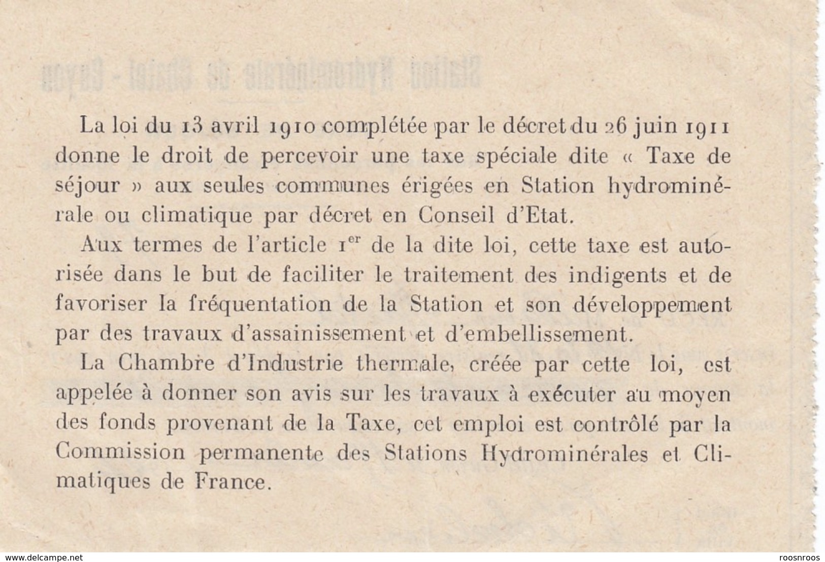 RECU DE TAXE DE SEJOUR  - STATION HYDROMINERALE DE CHATEL-GUYON -1924 - Briefe U. Dokumente