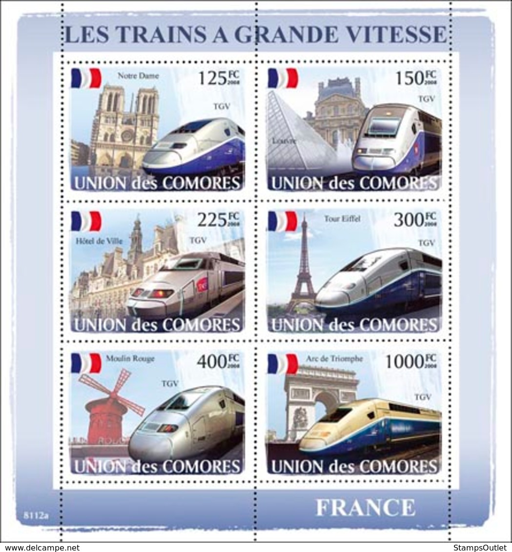 COMORES 2008 - Trains France / TGV. YT 1303-1308, Mi 1875-1880, Sc 1019 - Comores (1975-...)