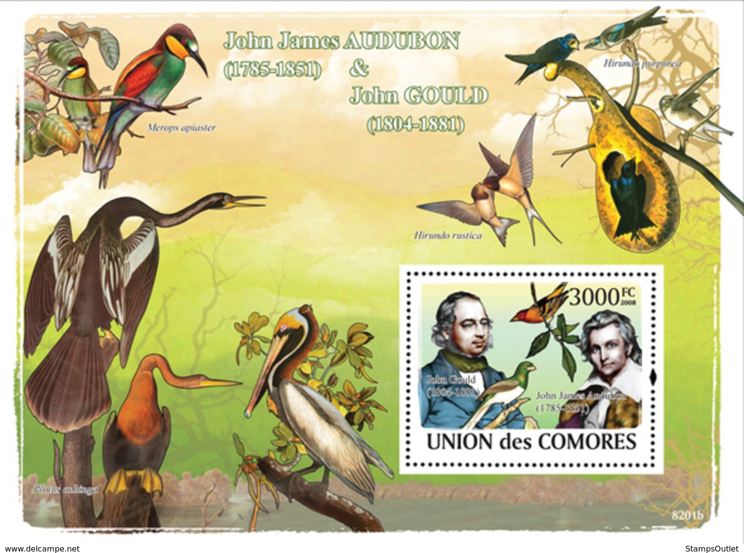 COMORES 2008 - John James Audubon & John Gould & Birds. YT 134, Mi 2001/BL457, Sc 1042 - Comoros