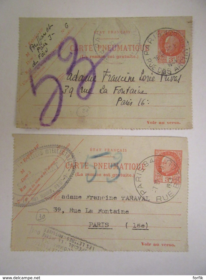 France - 2 Cartes Penumatiques Paris Circulées - Timbres 3f Pétain Type Bersier - Rohrpost