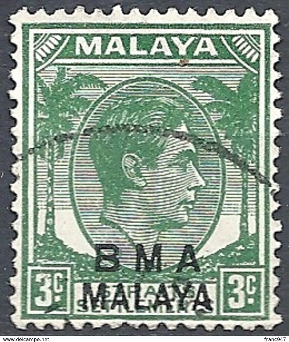 Malaya, 1945 Overprinted "B.M.A. Malaya", 3c Green # S.G. 4  - Michel 3 - Scott 258  USED - Straits Settlements