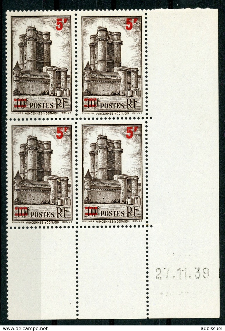 N° 491 ** (MNH) Cote 11.5 €. Coin Daté Du 27/11/39. Bloc De Quatre "Chateau De Vincennes", Surchargé. - 1930-1939