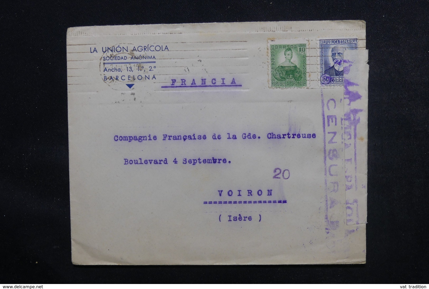 ESPAGNE - Cachet De Censure Sur Enveloppe Commerciale De Barcelone Pour La France En 1937  - L 46855 - Republikanische Zensur