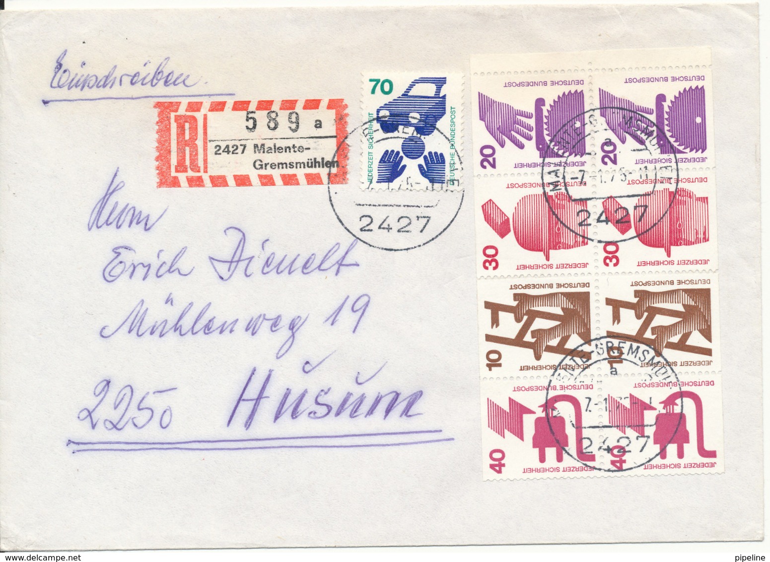Germany Registered Cover Malente-Gremsmühlen 27-1-1975 Stamps In Pairs - Covers & Documents
