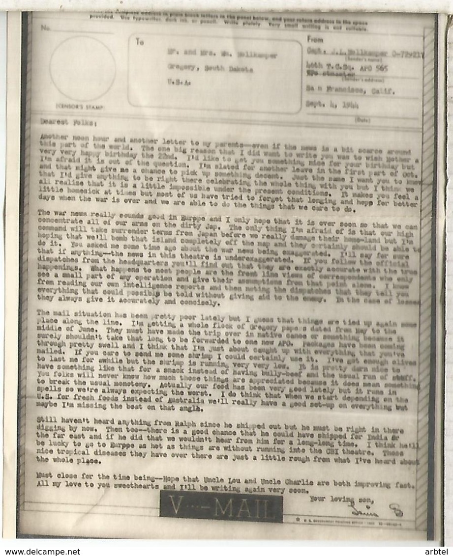 ESTADOS UNIDOS USA AIRGRAPH V-MAIL WW2 CON SOBRE 1944 - WW2 (II Guerra Mundial)