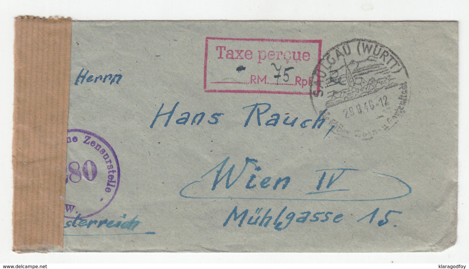 Taxe Percue / Postage Paid Mark And Special Postmark Saulgau On Letter Cover Posted 1946 To Wien - Censored B191114 - Other & Unclassified