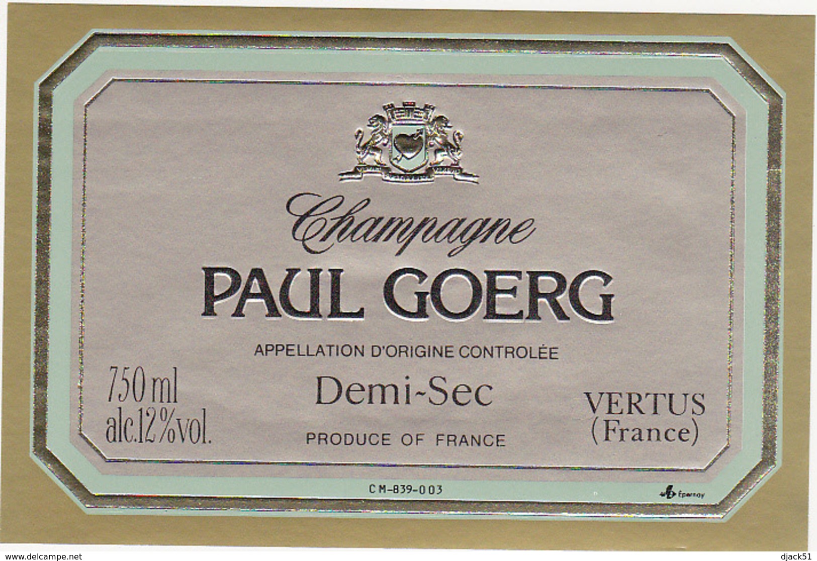 Etiquette Champagne Demi-Sec - PAUL GOERG à Vertus (51) / 750 Ml - Champagne