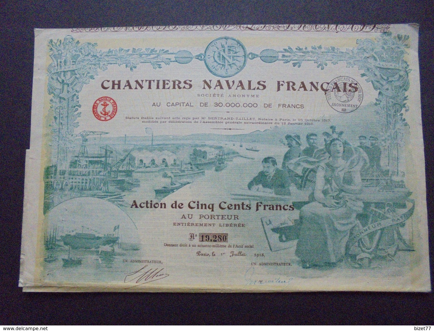 FRANCE,PARIS 1918 - CHANTIERS NAVALS FRANCAIS - ACTION DE 500 FRS - BELLE DECO - ETAT MOYEN - Other & Unclassified