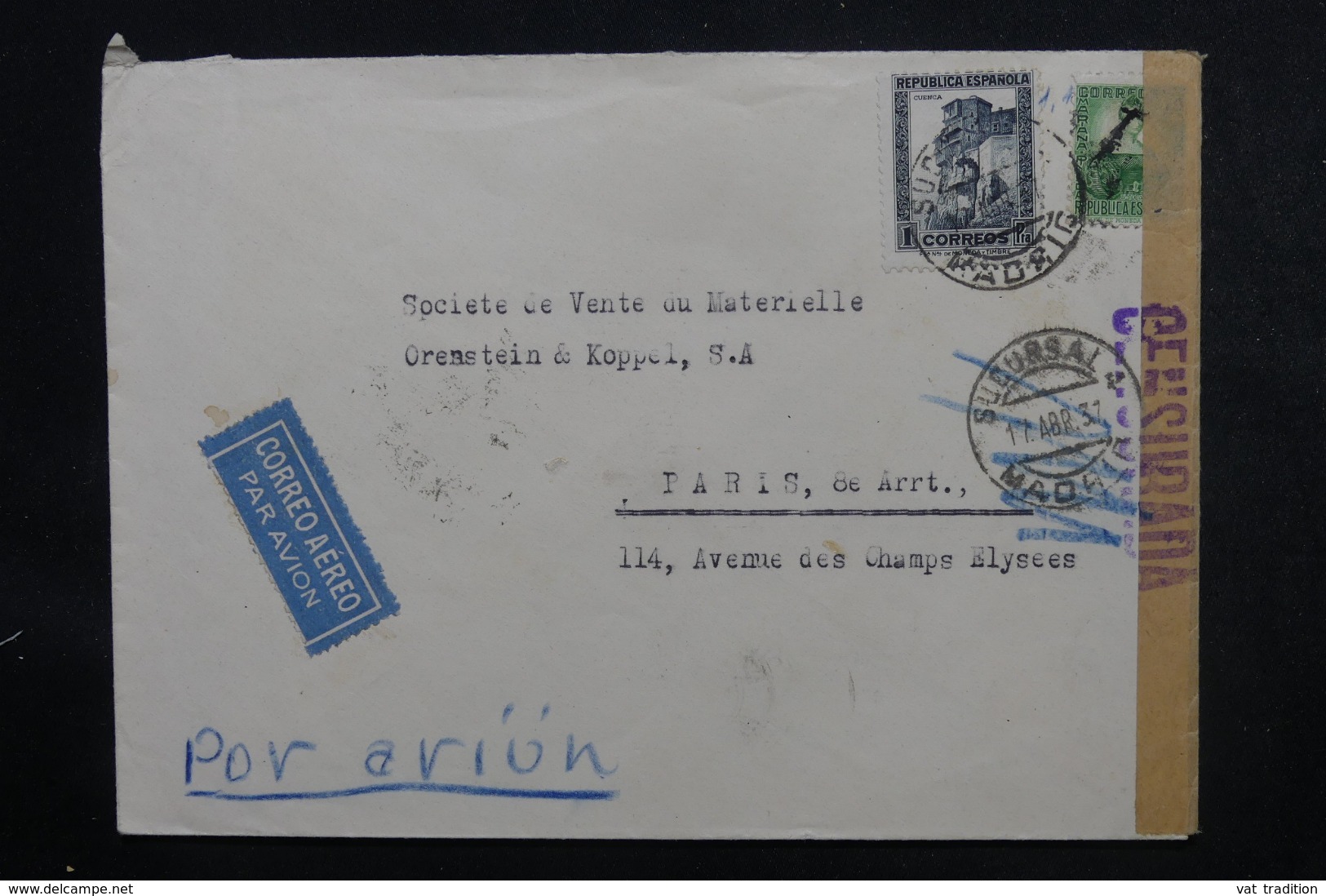 ESPAGNE - Cachet De Censure Sur Enveloppe Commerciale De Madrid Par Avion Pour La France En 1937 - L 46878 - Republicans Censor Marks