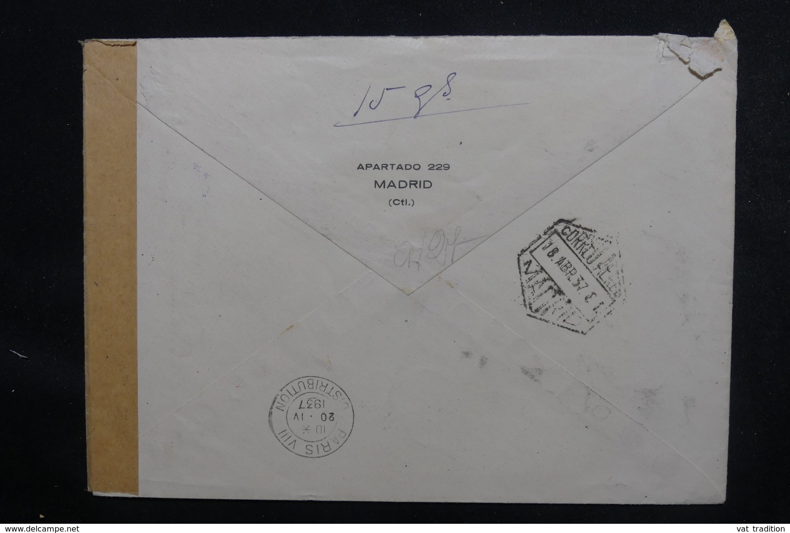 ESPAGNE - Cachet De Censure Sur Enveloppe Commerciale De Madrid Par Avion Pour La France En 1937 - L 46878 - Marques De Censures Républicaines