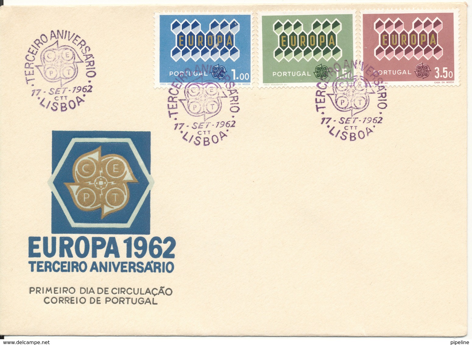 Portugal FDC 17-9-1962 EUROPA CEPT Complete Set Of 3 With Cachet - 1962