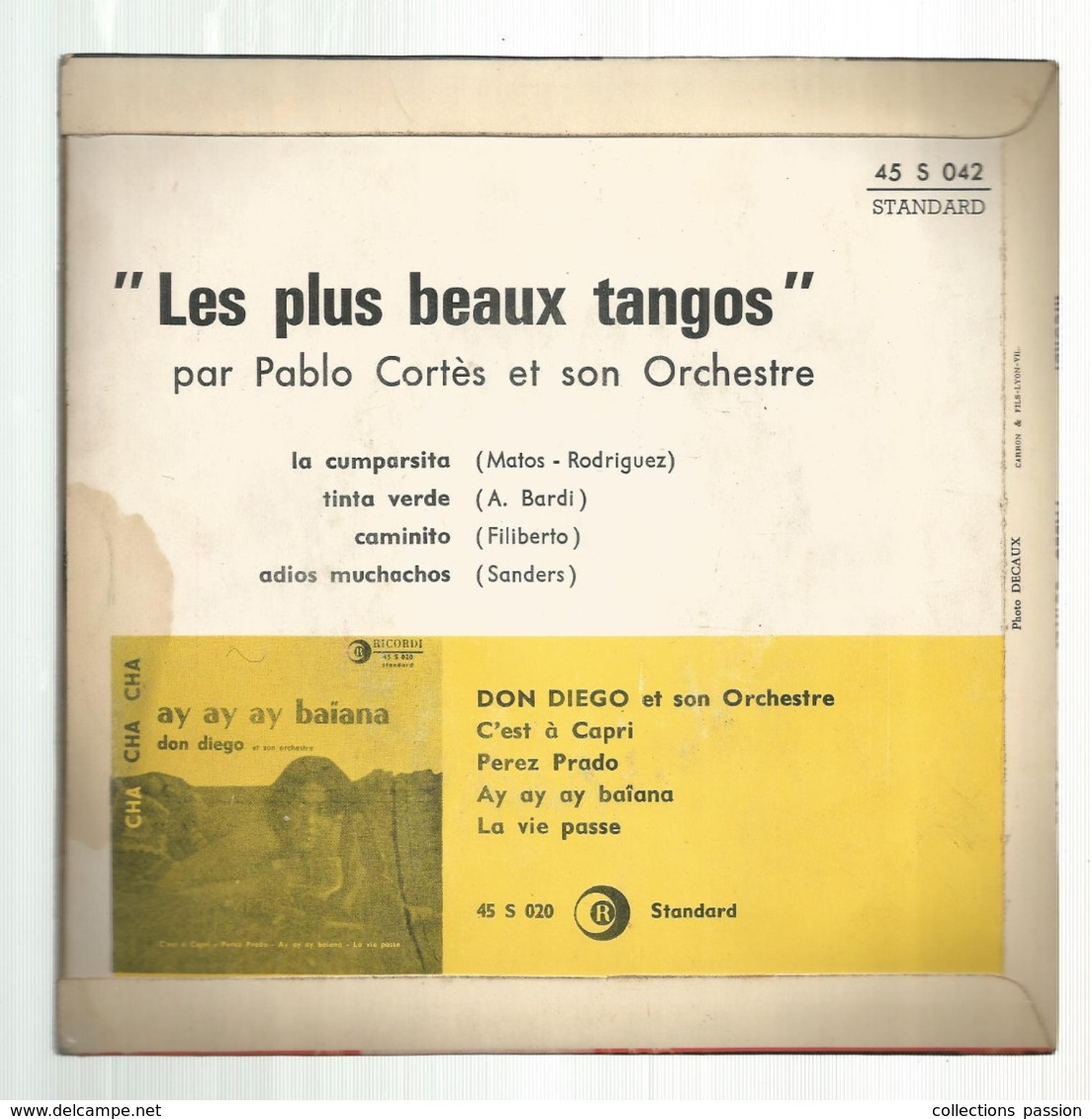 JC , 45 T ,vinyl , LES PLUS BEAUX TANGOS Avec PABLO CORTES Et Son Orchestre , 2 Scans,  Frais Fr 3.50 E - Andere & Zonder Classificatie