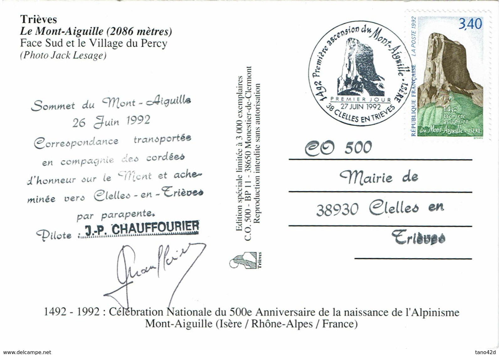 LCTN58/2 - CP COMM. ASCENSION MONT AIGUILLE 1492 ET NAISSANCE ALPINISME SIGNATURE DU PILOTE - Wintersport (Sonstige)