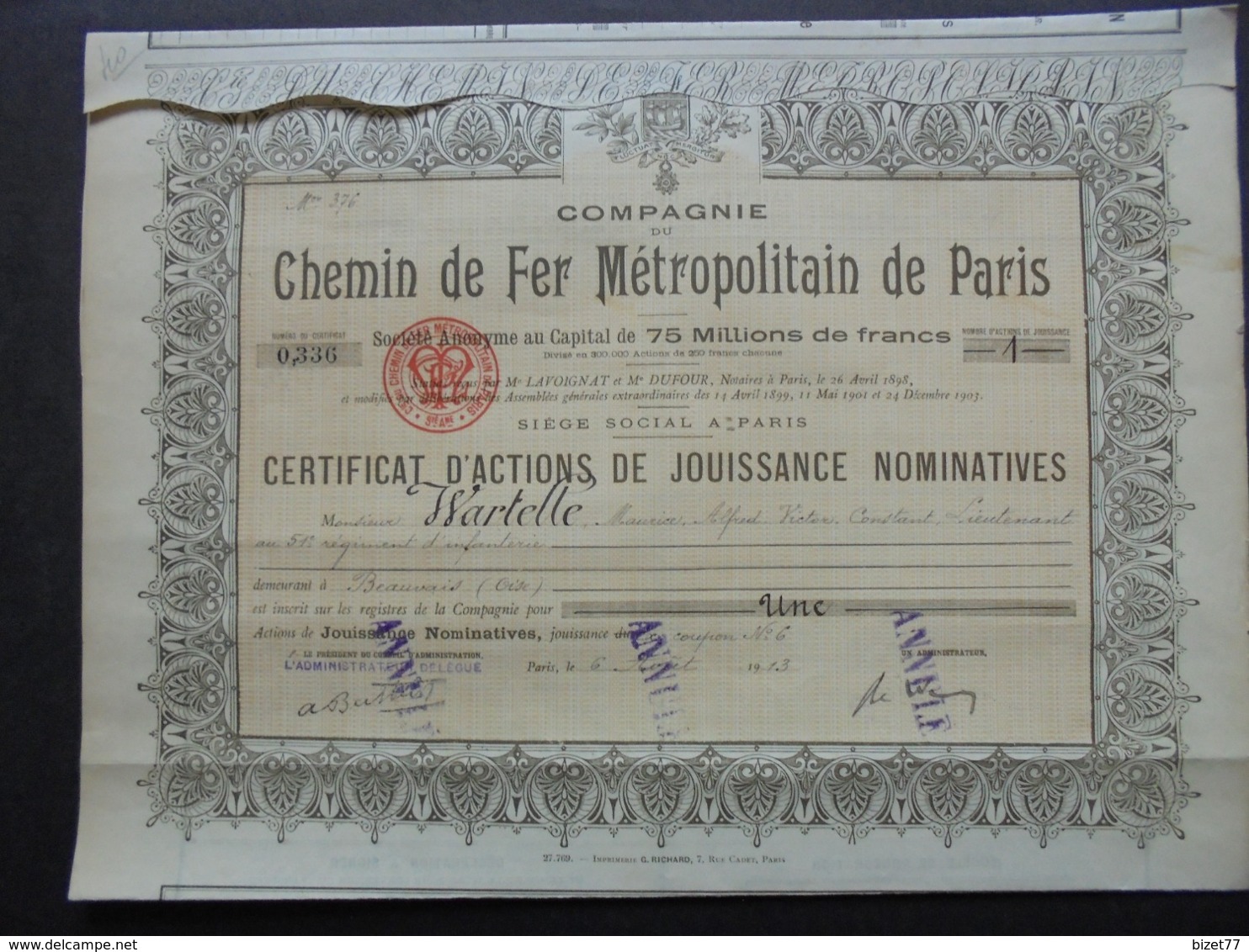 FRANCE - PARIS 1913 - CIE DU CHEMIN DE FER METROPOLITAIN DE PARIS  - CERTIFICAT ACTIONS DE JOUISSANCE - Other & Unclassified