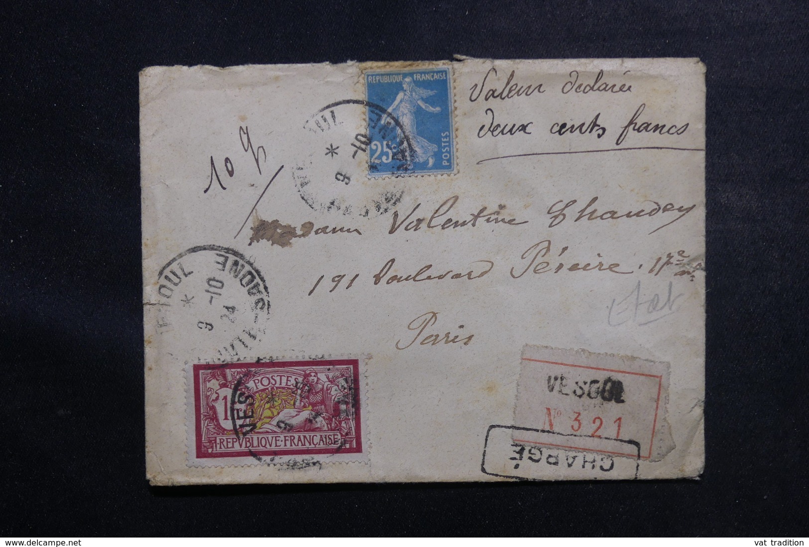 FRANCE - Enveloppe En Valeurs Déclarées De Vesoul Pour Paris En 1924 , Affranchissement Merson / Semeuse - L 46886 - 1921-1960: Période Moderne