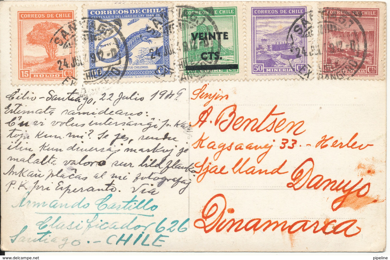 Chile Postcard Sent To Denmark 24-7-1949 (2643 Santiago Plaza De) - Chili